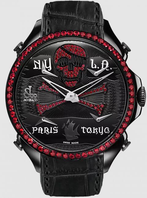 Jacob & Co. PALATIAL FIVE TIME ZONE PIRATE BLACK PVD RUBY SET DIAL & BEZEL Watch Replica PZ500.11.VO.NU.A Jacob and Co Watch Price